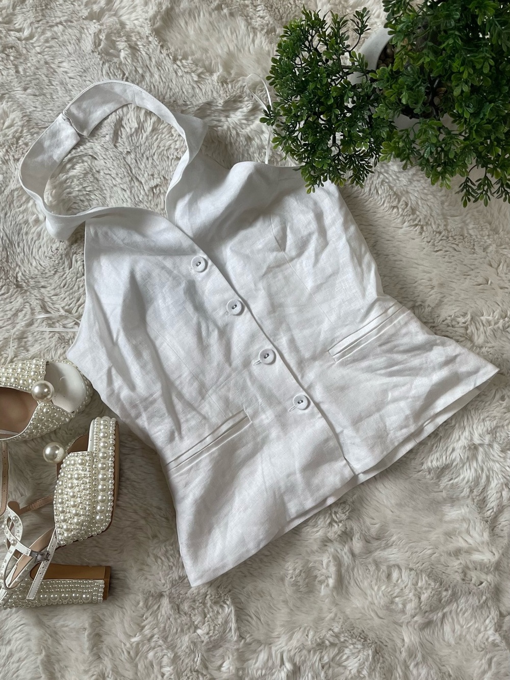 Reformation Tate White 100% Linen Halter Vest Button Up Top Size 2